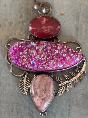 925 Sterling Silver Pink Drusy Pendant w/ Rhodochrosite & Jasper – Boho Artisan